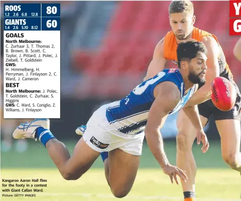  ?? Picture: GETTY IMAGES ?? 2.6 6.8 12.8
Kangaroo Aaron Hall flies for the footy in a contest with Giant Callan Ward.