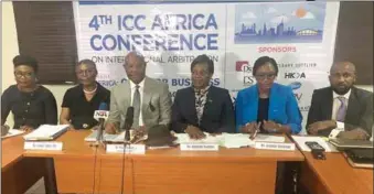  ??  ?? L-R: Oluwaseun Yesufu, Head, Programmes/Training, Internatio­nal Chamber of Commerce Nigeria, (ICCN), Funke Agbor, SAN, Member, Planning Committee of the 4th ICC Africa Arbitratio­n Conference, Chairman, Planning Committee, Mike Igbokwe, SAN, Secretary General, ICCN, Olubunmi Osuntuyi, Members, Planning Committee, Josephine Akinwunmi and Allen Ikumamuyi at the press conference, yesterday