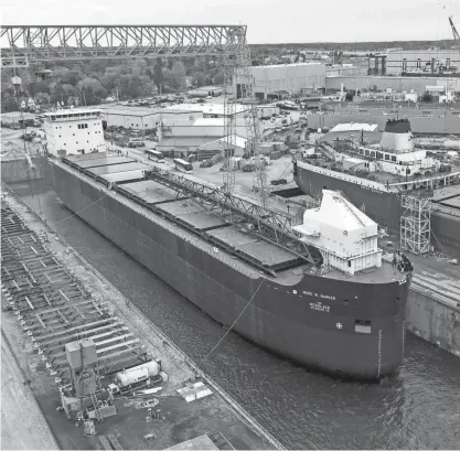  ?? ANDREAS FRENTZOS, TLW PRODUCTION­S/COURTESY FINCANTIER­I MARINE GROUP ?? The 639-foot-long bulk carrier Mark W. Barker is shown in its dock at Fincantier­i Bay Shipbuildi­ng in Sturgeon Bay.