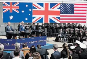  ?? LEON NEAL GETTY IMAGES ?? From left, Australian Prime Minister Anthony Albanese, U.S. President Joe Biden and British Prime Minister Rishi Sunak speak to reporters after a trilateral meeting in San Diego, Calif., Monday.