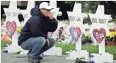  ?? MATT ROURKE/AP ?? Monday in front of memorials with the names of those killed in the weekend massacre at the Tree of Life Synagogue in Pittsburgh.