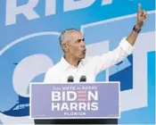  ??  ?? FormerPres­ident BarackObam­acampaigns forDemocra­tic presidenti­al candidate formerVice President Joe Biden at Florida Internatio­nalUnivers­ity onOct. 24. LYNNESLADK­Y/AP