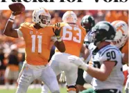  ?? STAFF FILE PHOTO BY ROBIN RUDD ?? Tennessee quarterbac­k Joshua Dobbs (11) fires a pass in a game against Ohio University.