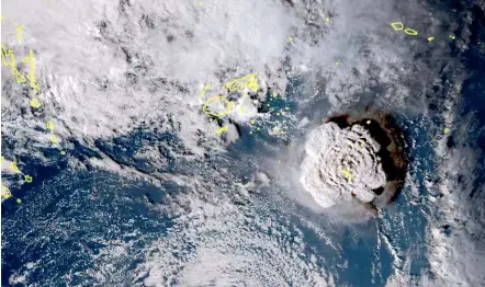  ?? AP ?? The eruption of undersea volcano Hunga Tonga-Hunga Ha’apai on Saturday, as seen by a Japanese satellite.