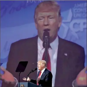  ?? AP/ALEX BRANDON ?? “Fake news” purveyors “make up stories and make up sources,” President Donald Trump told the crowd Friday at the Conservati­ve Political Action Conference in Oxon Hill, Md.