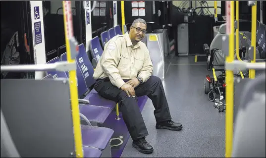  ?? Rachel Aston Las Vegas Review-Journal @rookie__rae ?? Antonio McLandau, a bus driver for the Regional Transporta­tion Commission, on Tuesday at the RTC Mobility Center. He entered the chaotic scene of the Route 91 shooting while on the job and used his bus to transport victims to the hospital.