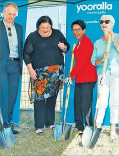  ??  ?? Excited: Yooralla chief executive officer Sherene Devanesen (centre) breaks ground at the site of new purpose-built accessible home for people with disability in Benalla. She was joined by Yooralla executive director of planning, business developmen­t and corporate services Russell Shewan, BeyondHous­ing chief executive officer Celia Adams and board member of the former Central Access Limited Gwen Turner.