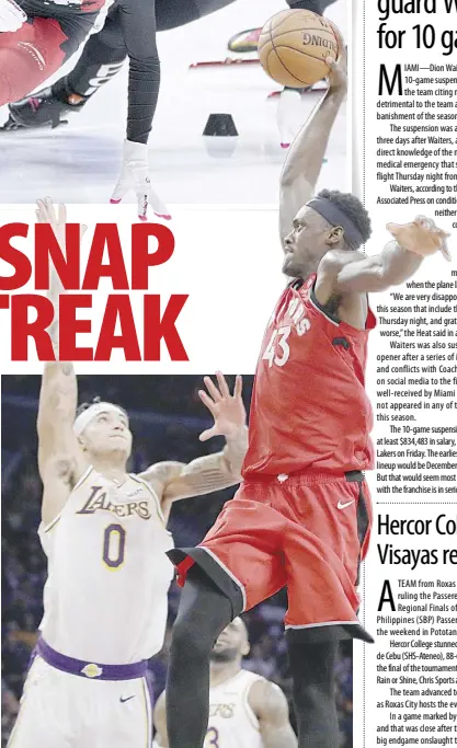  ?? AP ?? THE Raptors’ Pascal Siakam (43) dunks against the Lakers Kyle Kuzma during the second half of their game on Sunday.