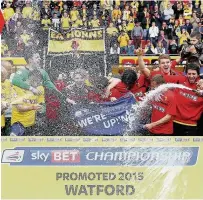  ??  ?? BUBBLING OVER:  Watford players enjoy their promotion