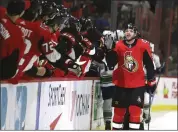  ?? FRED CHARTRAND — THE CANADIAN PRESS VIA AP ?? Senators right wing Bobby Ryan celebrates one of his three goals during Thursday night’s victory over the Canucks.