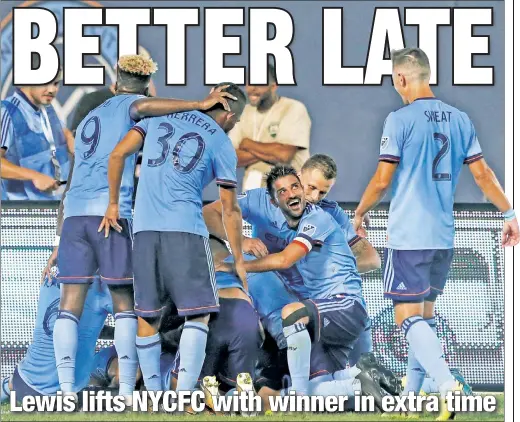  ??  ?? David Villa, who scored his ninth goal in the last seven games and 19th of the season in the 77th minute, celebrates with teammates after Jonathan Lewis scored the game-winning goal to give NYCFC a 2-1 victory over the Revolution.