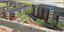  ?? SUBMITTED RENDERING — FOR DIGITAL FIRST MEDIA ?? Apartment buildings surround a triangular public plaza in the latest version of plans for the redevelopm­ent of Madison Street in Lansdale.