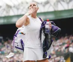  ?? Associated Press ?? Karolina Pliskova celebrates after winning her quarter-finals match against Viktorija Golubic on day eight of the Wimbledon Championsh­ips on Tuesday.
