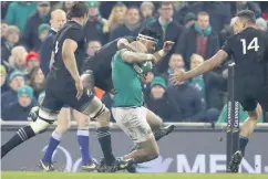  ??  ?? Aiming high: New Zealand’s Malakai Fekitoa tackles Simon Zebo in the clash against Ireland in 2016