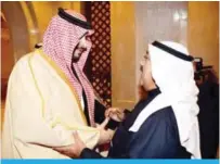  ??  ?? KUWAIT: Sheikh Nasser Sabah Al-Ahmad Al-Sabah greets Saudi Royal Court Advisor Prince Turki bin Mohammad Al-Saud. —KUNA