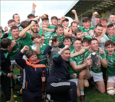  ??  ?? Naomh Eanna take ownership of the Dr. R.J. Bowe Cup as the celebratio­ns begin in earnest after Sunday’s fi