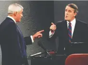  ?? FRED CHARTRAND / THE CANADIAN PRESS FILES ?? Liberal leader John Turner and Conservati­ve leader Brian Mulroney point fingers in a 1984 debate.