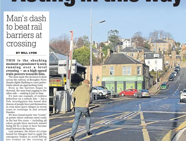  ??  ?? Our images show the pensioner dashing across the line as the barriers lower, moments before a train passes.