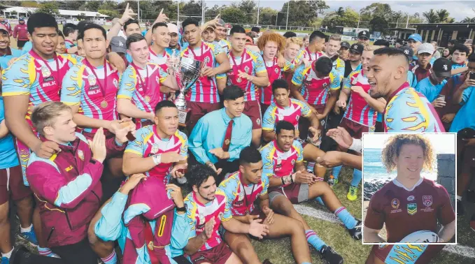  ?? Main picture: GLENN HAMPSON ?? Brock Hamill joins his teammates from Keebra after their 2017 national schoolboy triumph. And (inset) Hamill in his Maroons jersey.