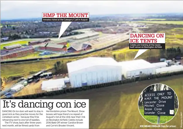  ??  ?? Inmates rioted at the Category C jail in August Celebs are training at the newly built venue on Bovington Airfield ICE NEAR COOLER Sign for prison