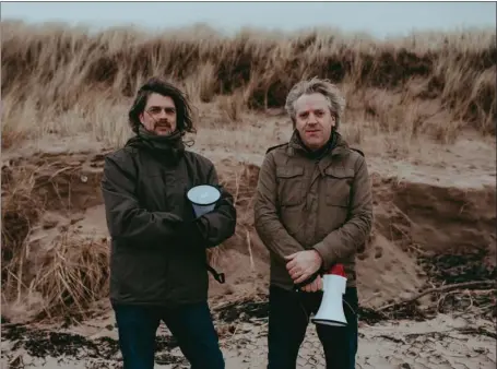  ??  ?? Dutch artists Jeroen Strijbos, left, and Rob van Rijswijk are behind the large-scale environmen­tal music installati­on set for Irvine beach this summer