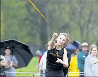  ??  ?? Grace Tennant from South Lincoln High School shows the form that won her an OFSAA gold medal in the javelin in the junior girls division at the OFSAA track and field chammpions­hips.