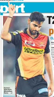  ?? AFP ?? Sunrisers Hyderabad’s Bhuvneshwa­r Kumar.