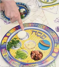  ?? Tyler Sizemore/Hearst Connecticu­t Media ?? Symbolic foods are presented on the Seder plate during the Passover Seder at Temple Sholom in Greenwich last year.