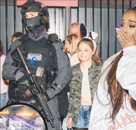  ??  ?? Armed counter-terrorism officers pose with concert goers (above and below) after the One Love Manchester benefit concert (left), which attracted 50,000 fans. Pictures: GETTY IMAGES, AP, AFP