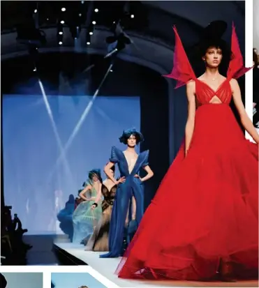  ??  ?? Rote Robe für Gaultier, Pause mit einem Model-kollegen. Fernando Uceda fotografie­rte sie für die „Glamour Spain“