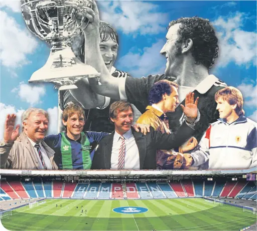  ??  ?? Hampden holds many happy memories for Kenny – (from left) meeting Tommy Docherty and Sir Alex Ferguson ahead of his testimonia­l in 1986, lifting the Home Internatio­nal trophy with Danny McGrain in 1974 and receiving anaward from Franz Beckenbaue­rto mark his 100th Scotland cap 12 years later