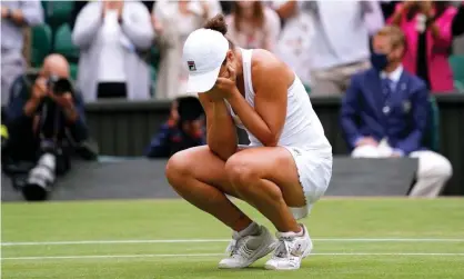  ??  ?? Ashleigh Barty after winning her singles final match against Karolina Pliskova at Wimbledon. Photograph: Adam Davy/PA