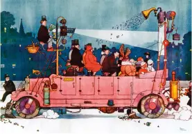  ??  ?? One of hundreds of similar cartoons, Heath Robinson’s “Kinecar” was designed to keep passengers amused while returning home from a winter night out. (see Very Heath Robinson).