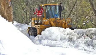  ?? AP PHOTO/GHULAM RASOOL ?? Pakistani workers use a bulldozer to open a road that was blocked after a heavy snowstorm, in Murree, some 28 miles north of the capital of Islamabad, Pakistan, on Sunday.