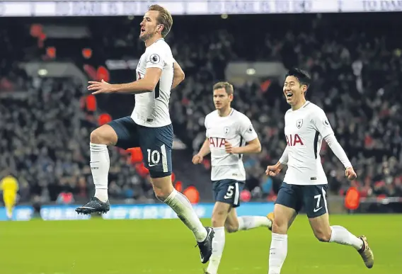  ??  ?? Harry Kane celebrates scoring against Stoke in Spurs 5-1 Premier League win at Wembley last weekend.