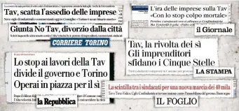  ??  ?? Tra stampa e realtà Alcuni articoli pubblicati negli scorsi giorni sulla protesta dei Sì Tav. Il presidio ieri in piazza