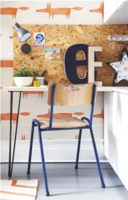  ??  ?? PLAYROOM Fox-design wallpaper adds colour and a sense of fun. Scion Mr Fox wallpaper, £45 a roll, John Lewis & Partners. Similar large vintage letters can be found at Etsy, from £5