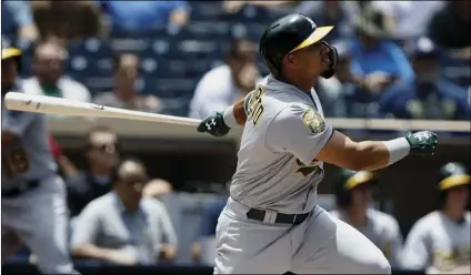  ?? PHOTO/ALEX GALLARDO ?? Oakland Athletics’ Franklin Barreto follows through to hit a three-run home run during the second inning of a baseball game against the San Diego Padres in San Diego, on Wednesday. AP