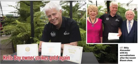  ?? LEFT: Billy Alexander with his accreditat­ions after the recent Bloom show.
ABOVE: Sabina Higgins, Billy Alexander, and President Michael D Higgins. ??