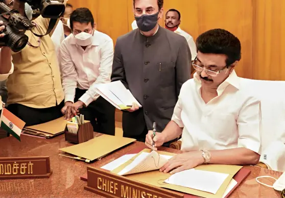  ??  ?? NEW SIGNS Chief minister M.K. Stalin at his office in the secretaria­t in Chennai, May 7