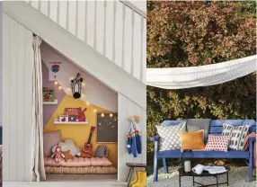  ??  ?? Under the stairs is a magical spot for a mini playroom. Remove the door, hang a curtain and fill with toys. Wall in Banana Split, Pebble Shore and Dusted Fondant emulsion, £16 for 2.5L, Dulux