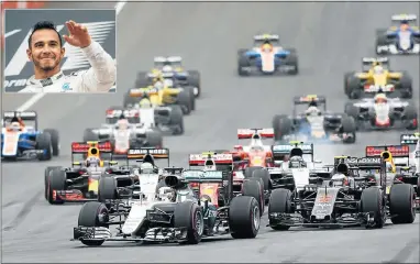  ?? Pictures: REUTERS, EPA ?? UNPOPULAR: Lewis Hamilton of Britain leads the pack during Sunday’s Austrian Grand Prix. Inset: Hamilton celebrates his win even though the crowd jeered the Mercedes driver at the podium presentati­on.