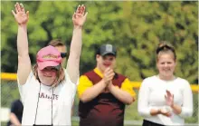  ?? CLIFFORD SKARSTEDT EXAMINER ?? St. Peter’s Danielle Bulger celebrates her throw during a round of Bocce during the 2018 Special Olympics Ontario School Championsh­ips .