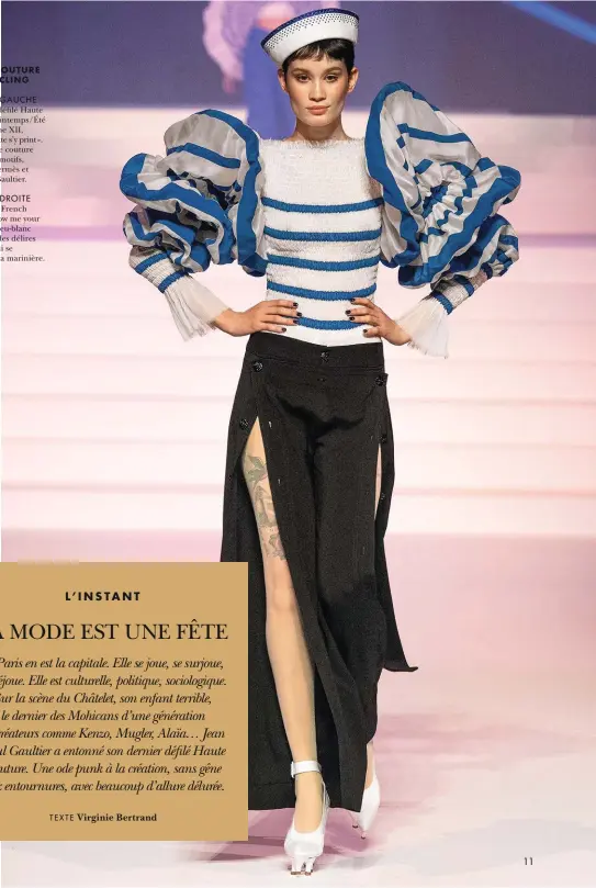  ?? TEXTE Virginie Bertrand ?? HAUTE COUTURE ET UPCYCLING
PAGE DE GAUCHE
Extrait du défilé Haute Couture Printemps/Été 2020. Thème XII,
« Qui s’y frotte s’y print ». Renaissanc­e couture de motifs émotifs, foulards Hermès et Jean Paul Gaultier.
PAGE DE DROITE
Thème V, « French Accent, Show me your coq ». Le bleu-blanc bouge sur des délires couture, qui se moulent à la marinière.