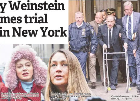  ?? AFP photos ?? Rose McGowan, who has accused Weinstein of rape, a ends a press conference outside courtin New York City.
Dominique Hue , says Weinstein sexually assaulted her speaks at a press conference outside court.
Weinstein leaves court in New York City.—