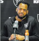  ?? Chris Booker ?? Las Vegas Review-journal Raiders linebacker Derrick Johnson talks Tuesday after organized team activities in Oakland.