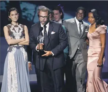  ?? Genaro Molina Los Angeles Times ?? WRITER-DIRECTOR Jordan Peele gives an acceptance speech after “Get Out” won for best sci-fi/horror movie at the Critics’ Choice Awards last month. The film has been nominated for four Oscars.