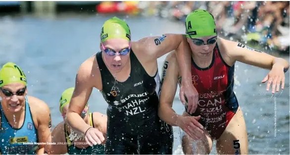  ??  ?? BELOW Desirae Ridenour (right) battling for a position at the 2018 Hamburg ITU Triathlon Mixed Relay World Championsh­ip Antoine Desroches, Janos Schmidt/ITU