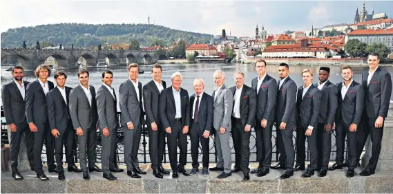  ??  ?? Line call: The Laver Cup teams are presented by the River Vltava in Prague