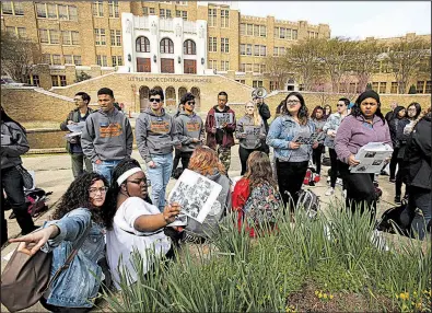  ?? Arkansas Democrat-Gazette/THOMAS METTHE ?? Students in the Sojourn to the Past program listen to Jeff Steinberg, executive director of the program, talk Thursday about the angry mobs faced by the Little Rock Nine when the teens integrated Central High School in 1957.